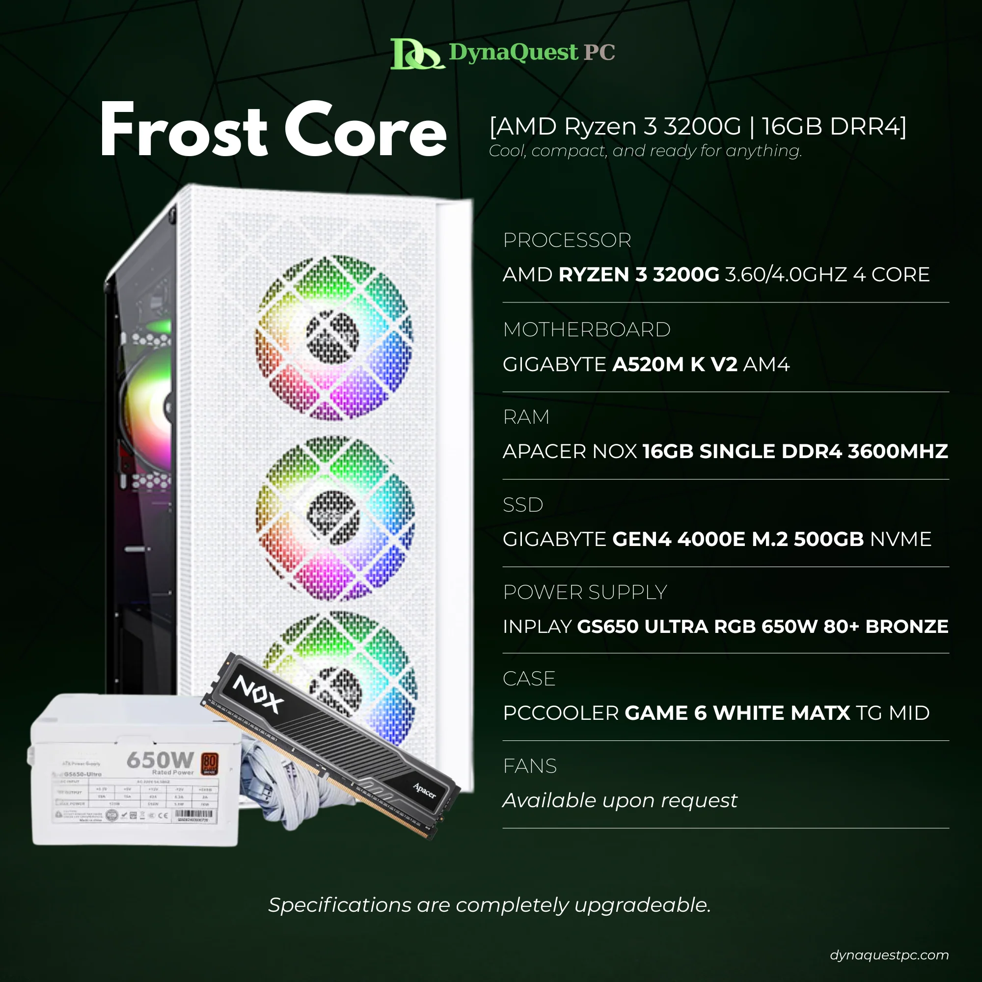 AMD Ryzen 3 3200G 4-Core | A520M | 16GB DDR4 RAM | 500GB NVMe SSD | 650W Bronze PSU | PCCooler mATX Case | CPU Package