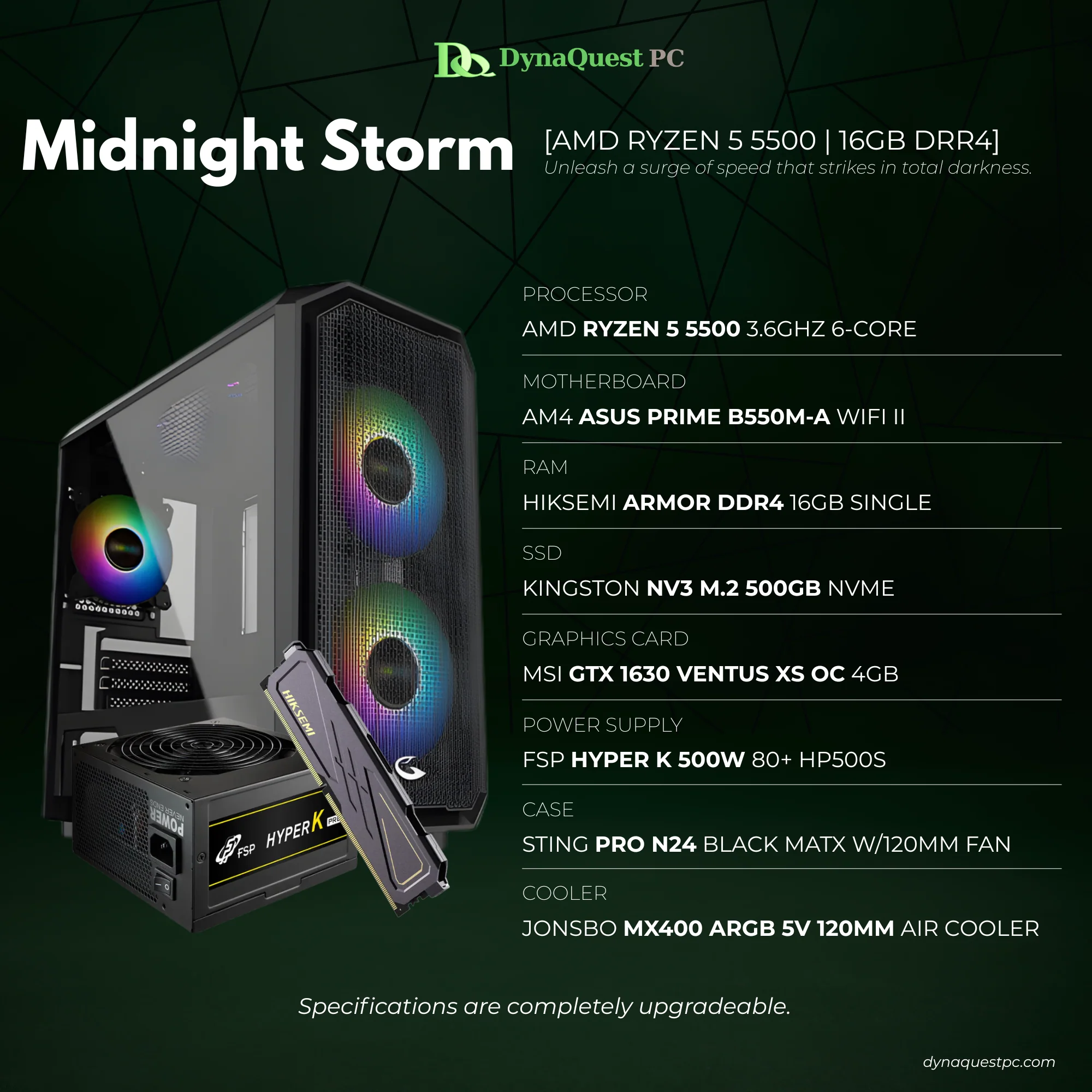 AMD Ryzen 5 5500 6-Core | B550M | 16GB DDR4 RAM | 500GB NVMe SSD | 1630 VENTUS XS OC 4GB GPU | 500W PSU | STRING PRO Case | CPU Package
