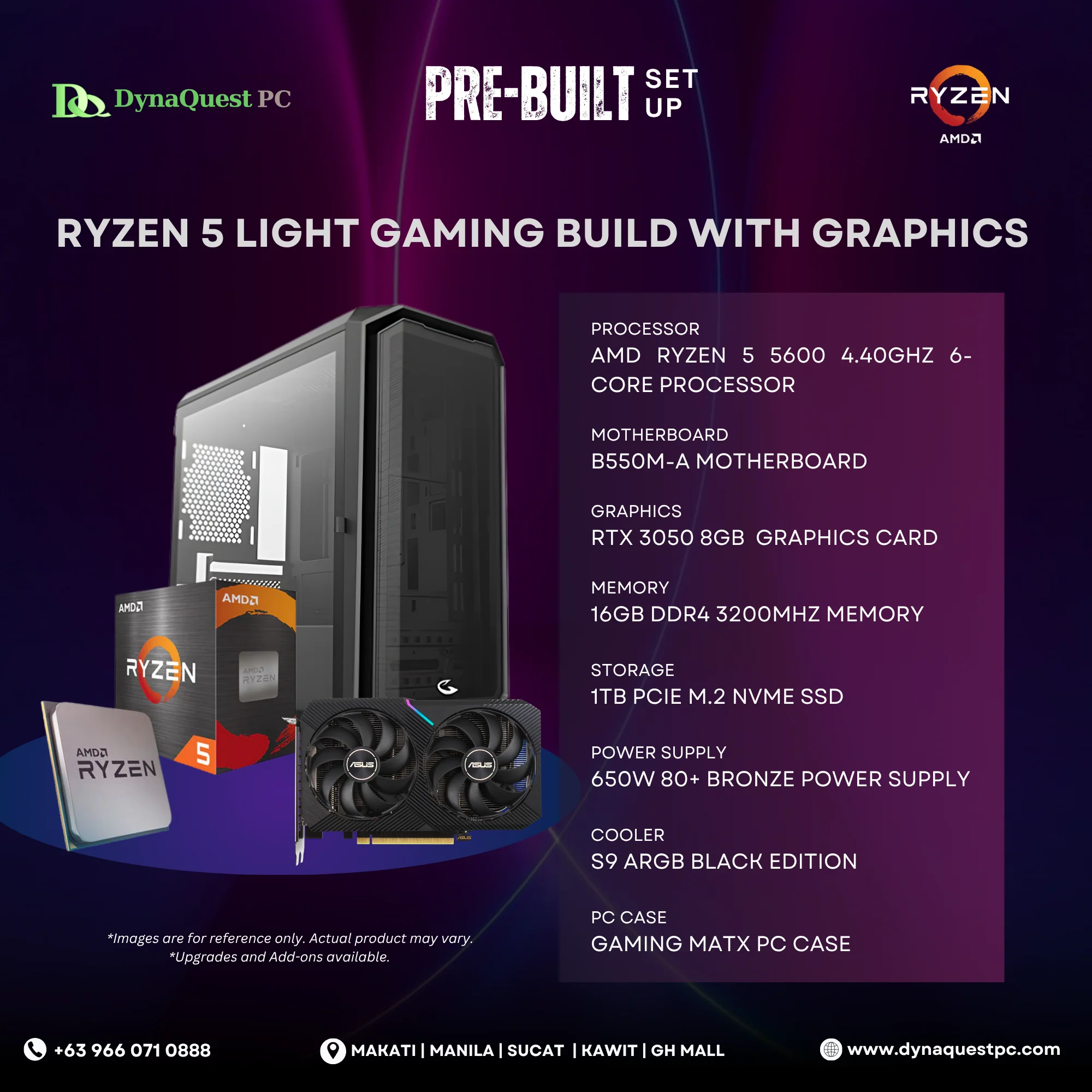 AMD Ryzen 5 5600 6-Core | B550M | 16GB DDR4 RAM | 1TB NVMe SSD | RTX3050 8G GPU | 550W Bronze PSU | Sting Pro mATX Case | CPU Package