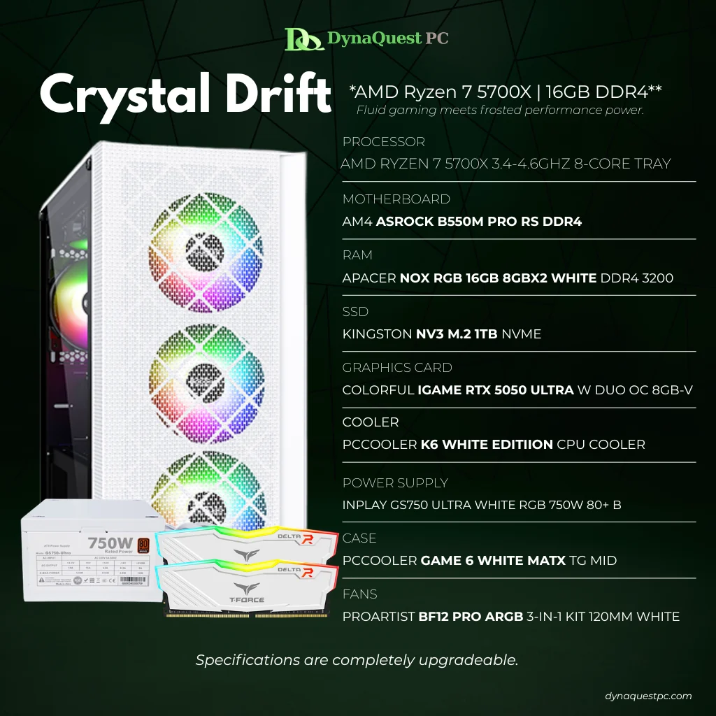 AMD Ryzen 7 5700X 8-Core | B550M | 16GB DDR4 RAM | 1TB NVMe SSD | 750W Bronze PSU | PCcooler mATX Case | 120mm Air Cooler | CPU Package