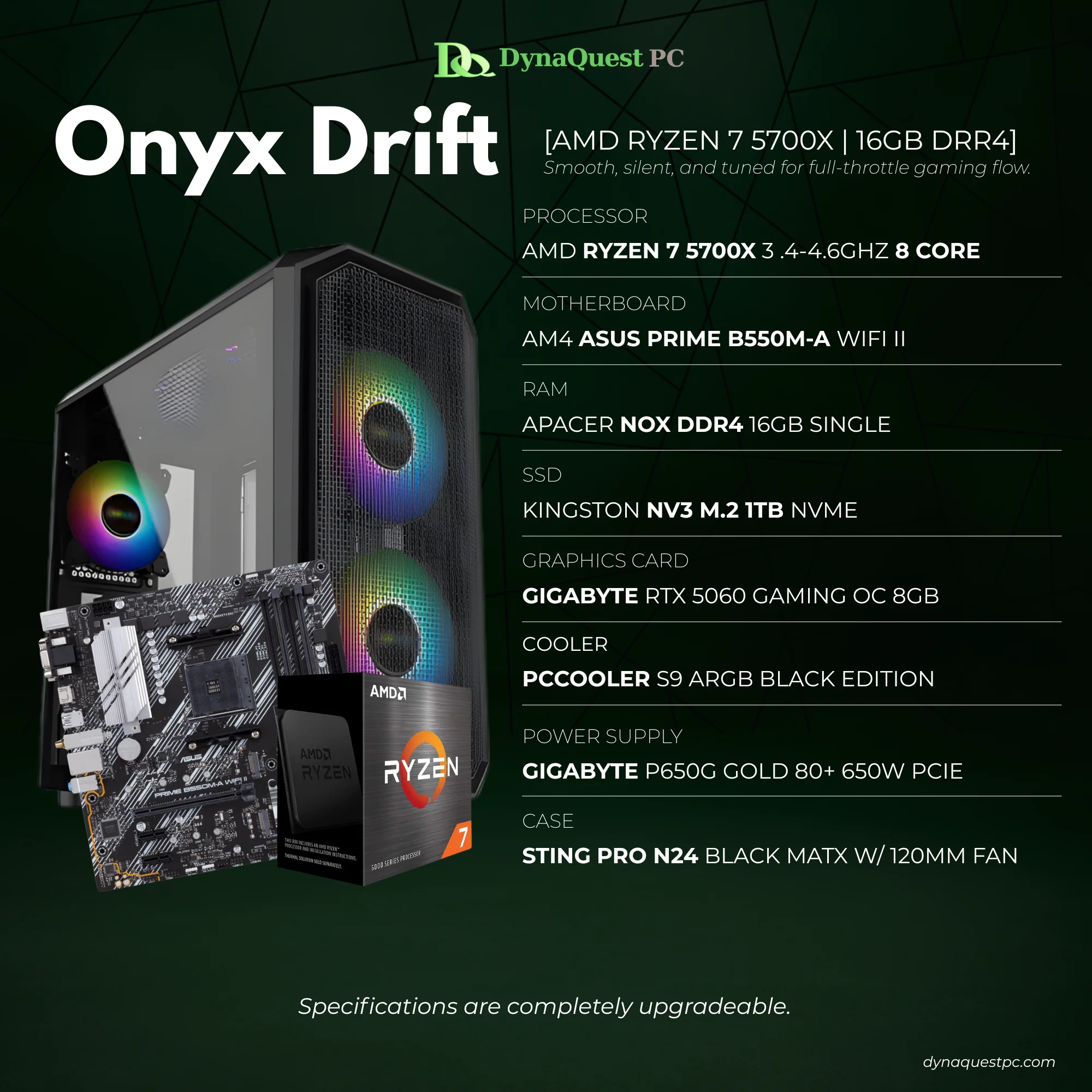 AMD Ryzen 7 5700X 8Core | B550M-A | 16GB DDR4 RAM | 1TB NVMe SSD | RTX 5060 8GB GPU | 650W Bronze PSU | STING PRO Case | 120mm Air Cooler | CPU Package