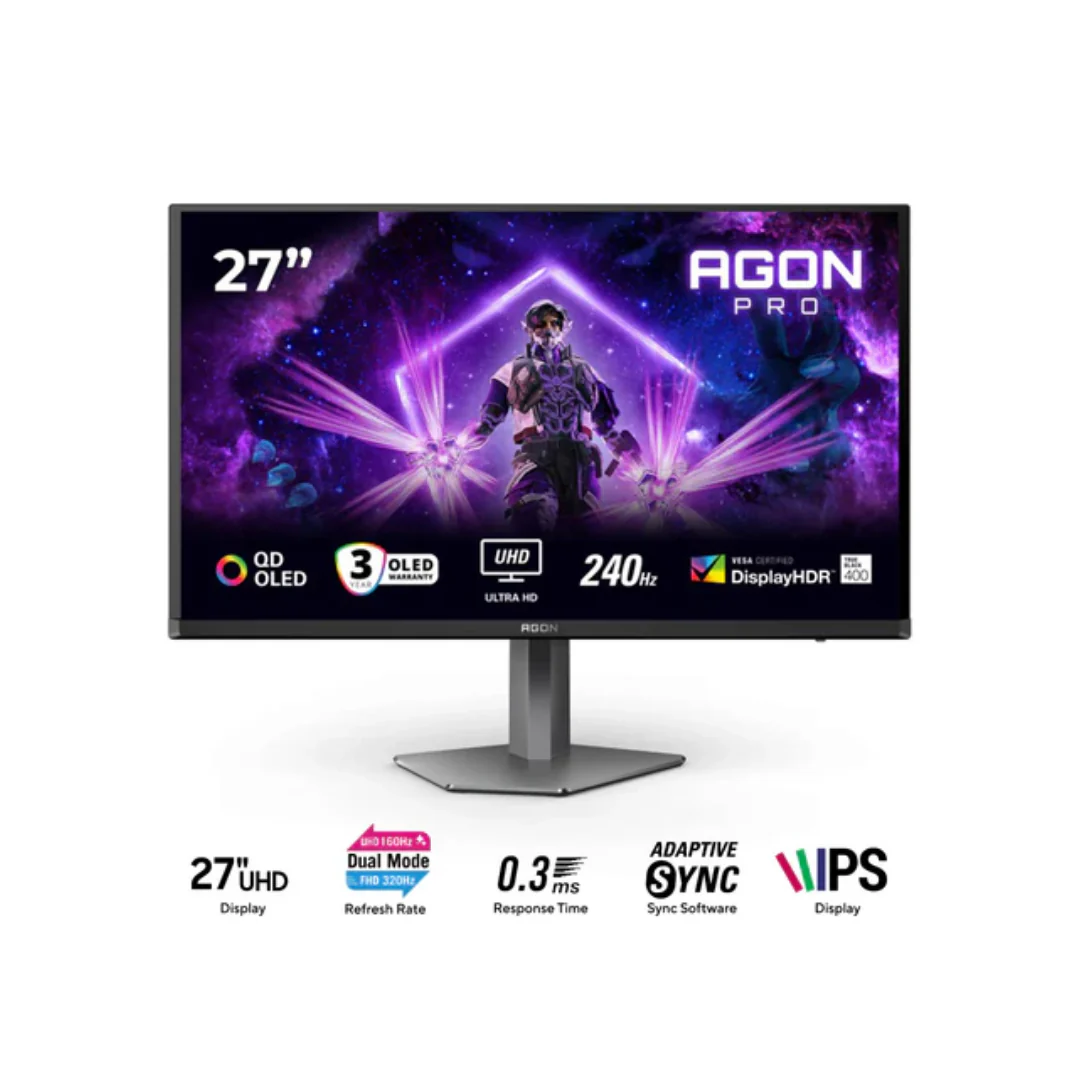 AOC Agon Pro AG276UZ 27" Dual Mode @ 240Hz UHD (3840x2160) / @ 480Hz FHD (1920x1080) 0.3ms MPRT Fast IPS Gaming Monitor with Tilt, Pivot, Swivel & Height Adjustment (Black/Grey) - Image 2