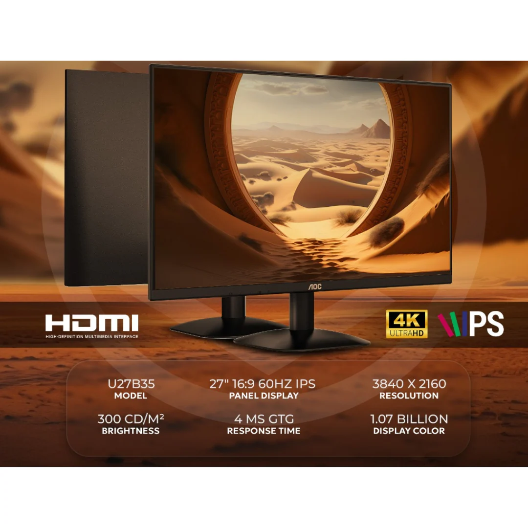 AOC U27B35 27" IPS 60Hz UHD (3840X2160) 4ms GTG Wide View Adaptive Sync Gaming Monitor - Image 4