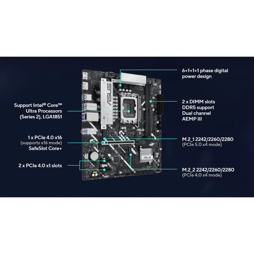 Asus Prime B860M-K CSM DDR5*2 mATX LGA1851 Motherboard - Image 4