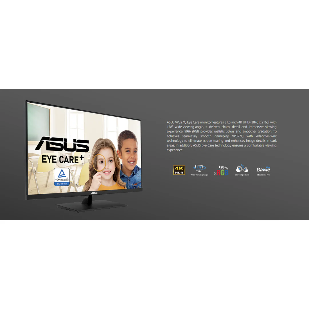 Asus VP327Q 31.5" 4K UHD 3840 x 2160 HDR-10, Adaptive-Sync, DisplayPort, HDMI, Flicker Free, Blue Light Filter, Wall Mountable Eye Care Monitor - Image 4