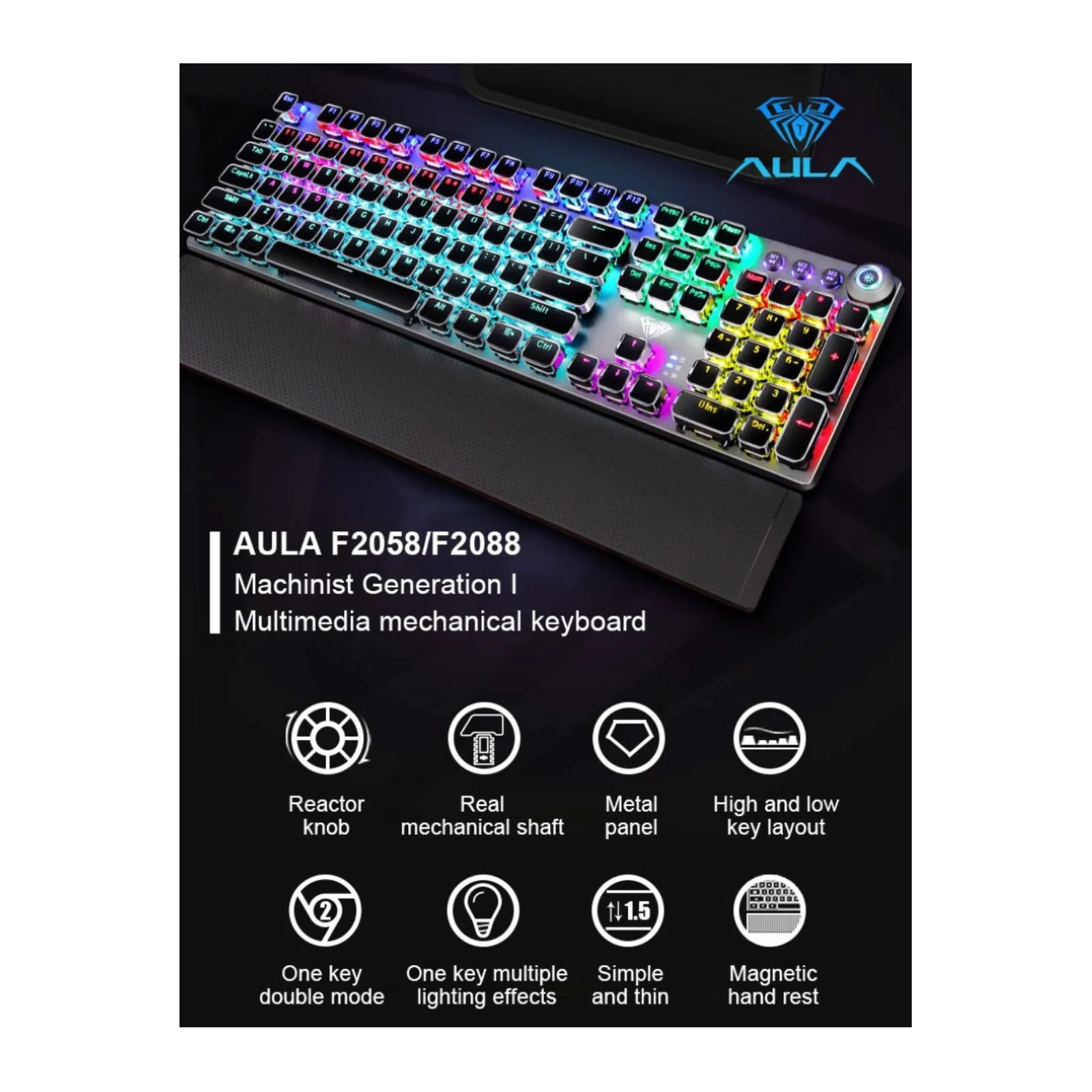 Aula F2088 Multimedia Durable Metal Panel BLACK 108 KEYS with Magnetic Wrist Wrest Mechanical Gaming Keyboard - Image 3
