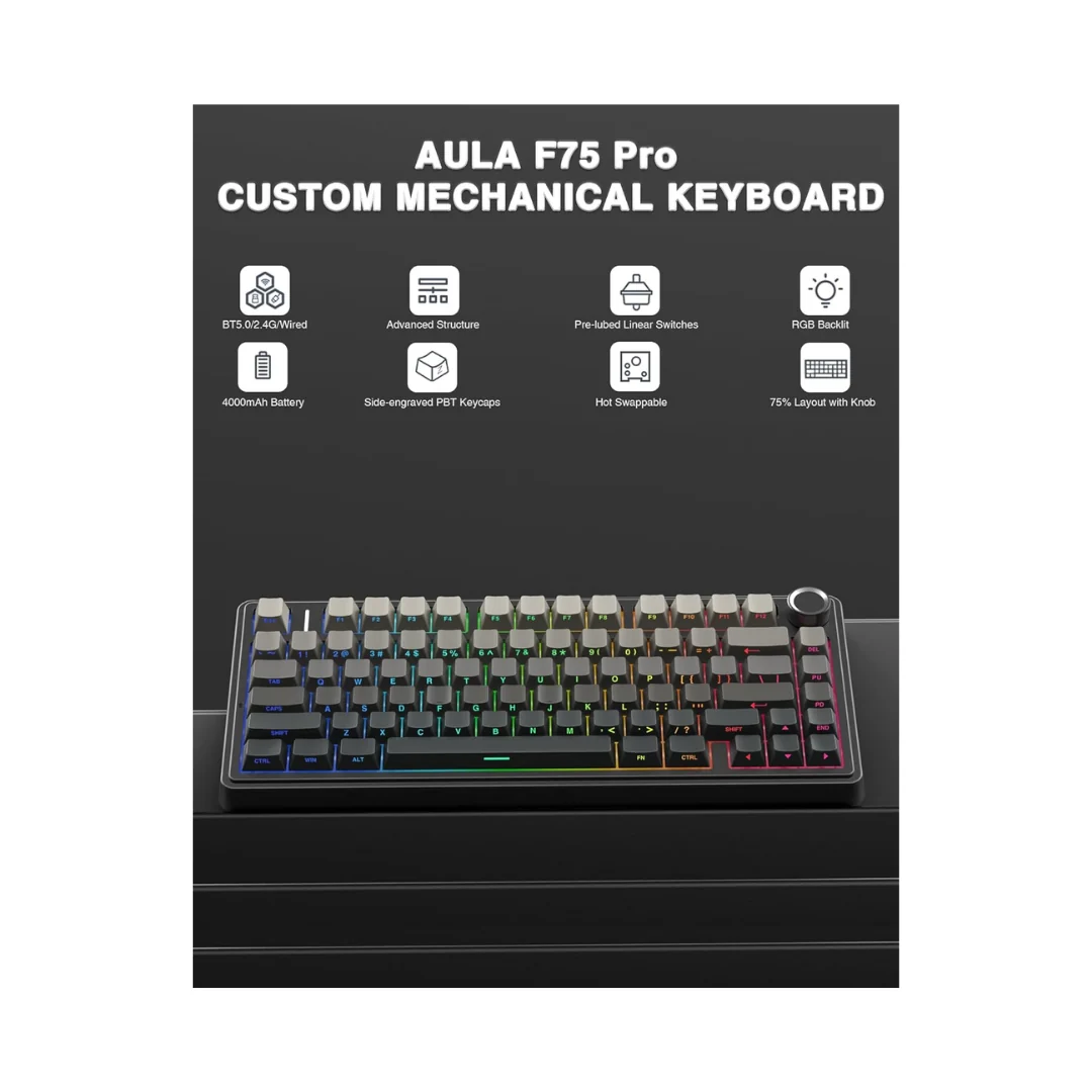 Aula F75 Pro Black Gradient Gray 80 Keys Mechanical Keyboard Reaper Switch - Image 2