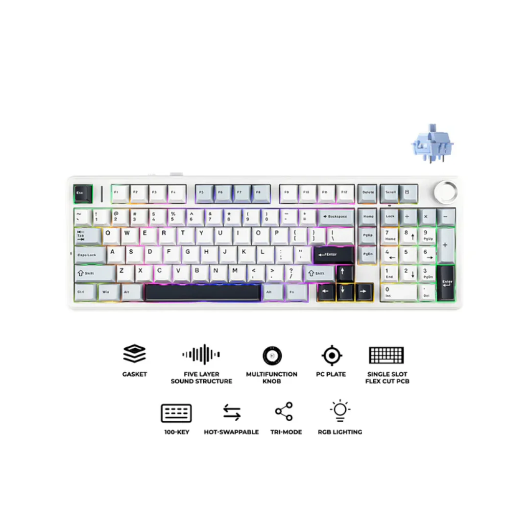 Aula F99 Pro Tri-Mode 96% 100-Key Gasket-Mounted Mechanical Keyboard with Knob (Star Vector Switch) (Blue/White/Black) - Image 2