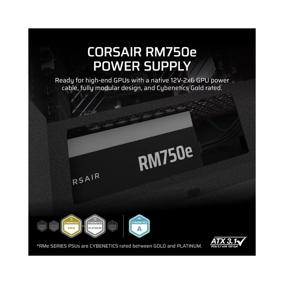 Corsair RM750e Cybernetics Gold 750W ATX 3.1 Fully Modular Low-Noise Power Supply CP-9020295-NA - Image 2