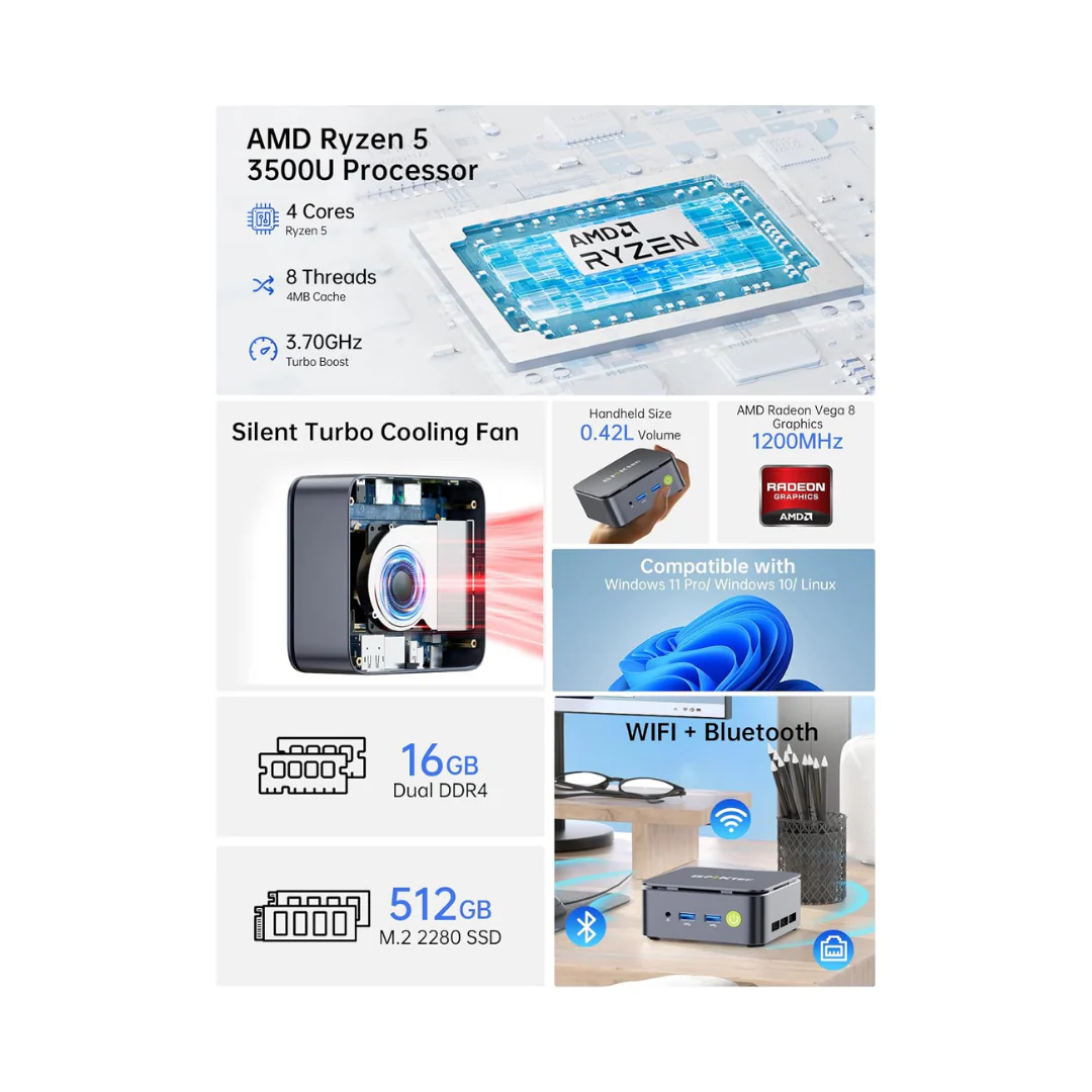 GMKtec G10 Nucbox Mini PC (Black) AMD Ryzen 5 3500U | 16GB RAM | 512GB SSD | Windows 11 Pro | hdmi Usb-C - Image 2