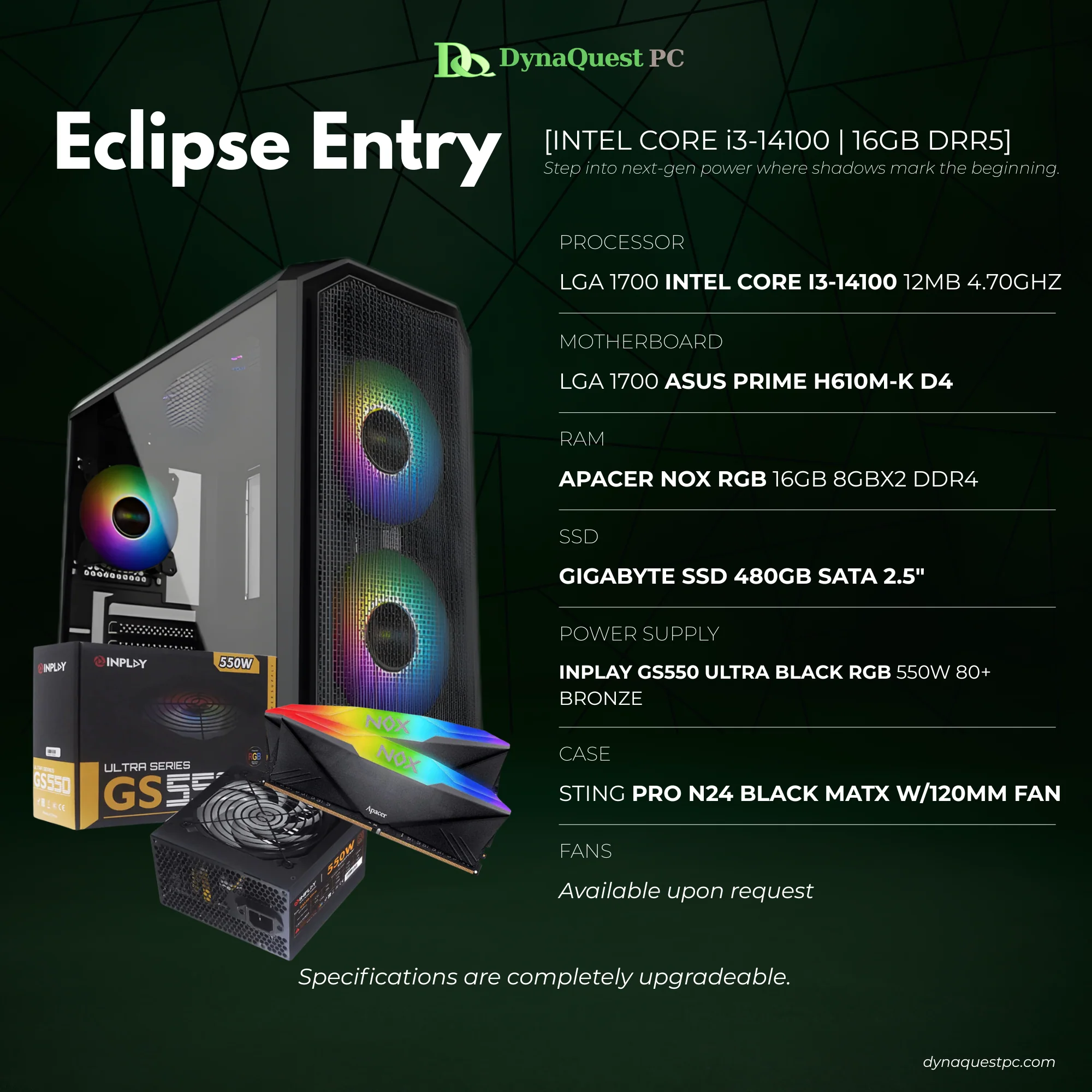 Intel Core i3-14100 | H610M | 16GB DDR4 RAM | 500GB NVMe SSD | 500W PSU | Sting Pro mATX Case | Keyboard | Mouse | Speaker | CPU Package