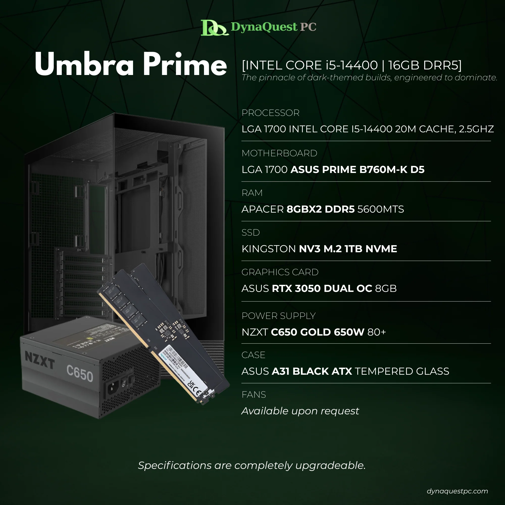 Intel Core i5-13400 | B760M | 16GB DDR5 RAM | 1TB NVMe SSD | RTX 3050 8G OC GPU | 750W Gold PSU | ATX Case | 120mm Air Cooler | CPU Package