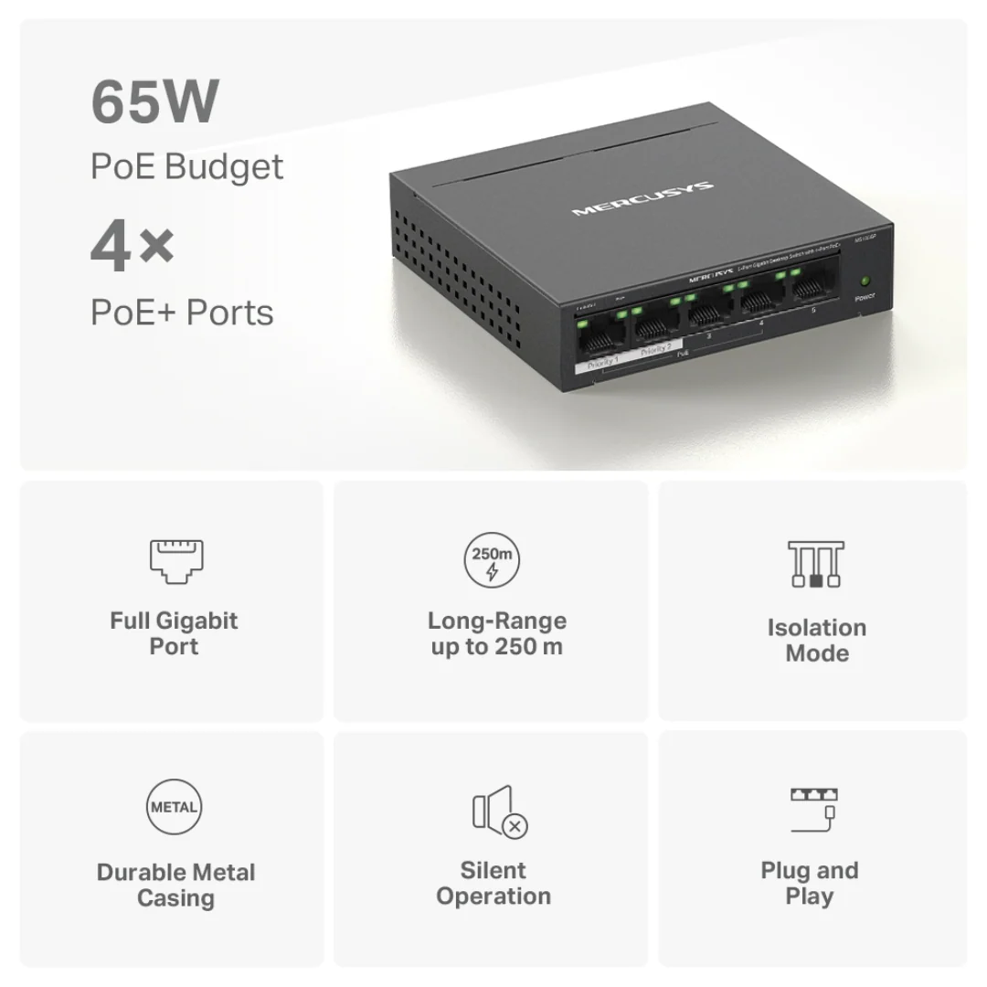Mercusys MS105GP 5-Port Gigabit Desktop Switch 4-Port PoE+ Extend and Isolation Mode 65W PoE Budget Plug and Play - Image 4