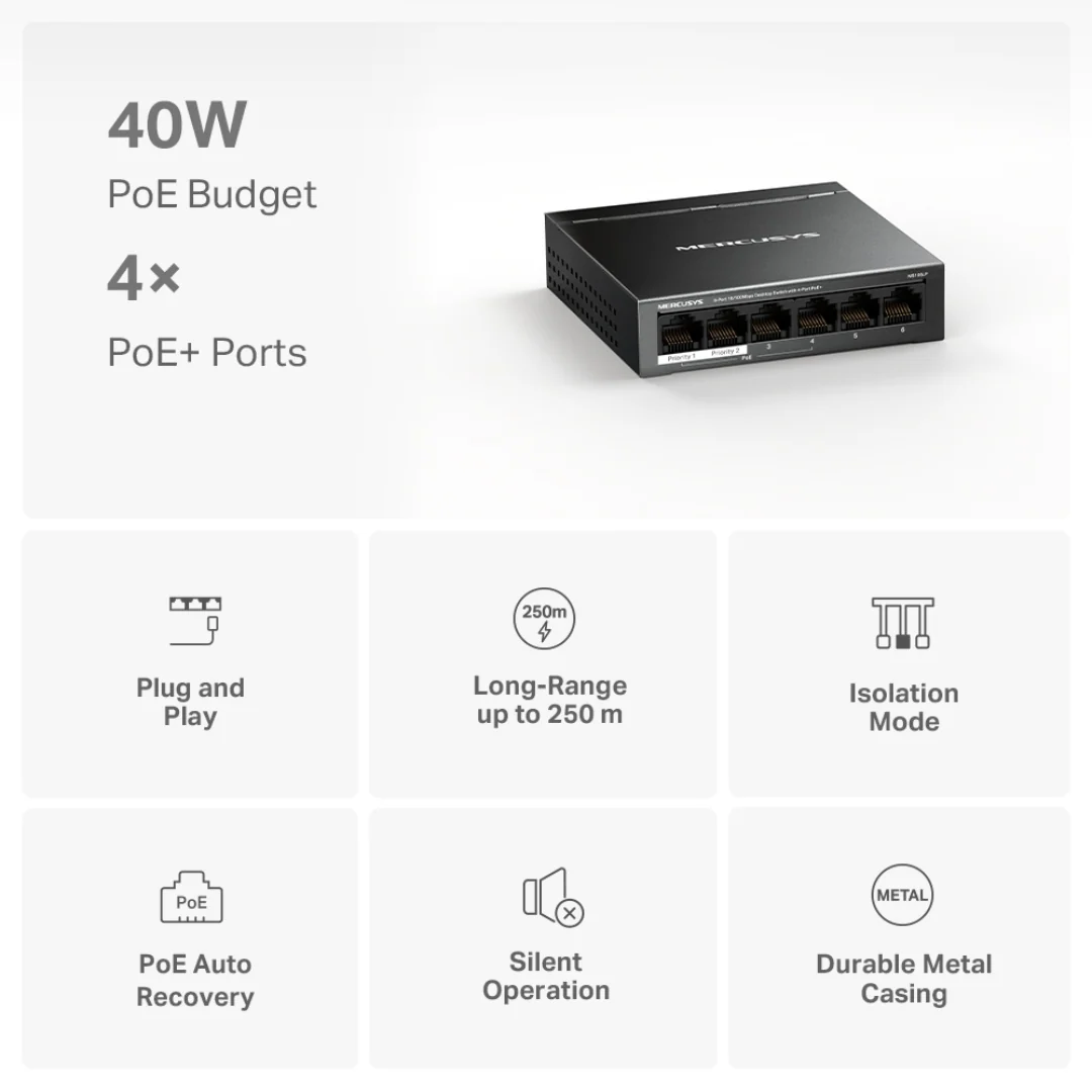 Mercusys MS106LP 6-Port 10/100Mbps Desktop Switch 4-Port PoE+ Extend and Isolation Mode 40W PoE Budget Plug and Play - Image 4