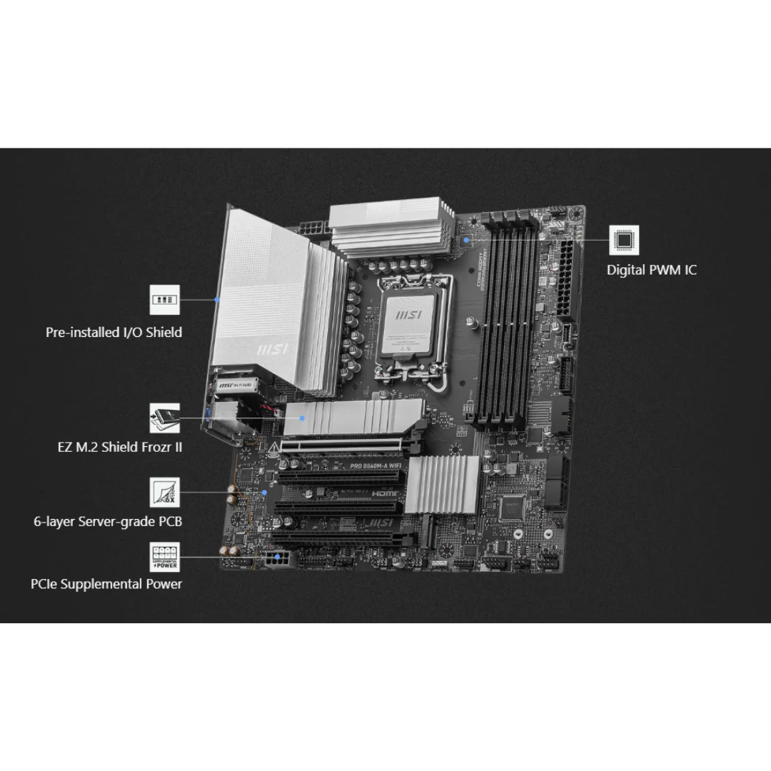 MSI Pro B860M-A WiFi 4*D5 mATX LGA1851 Motherboard - Image 4