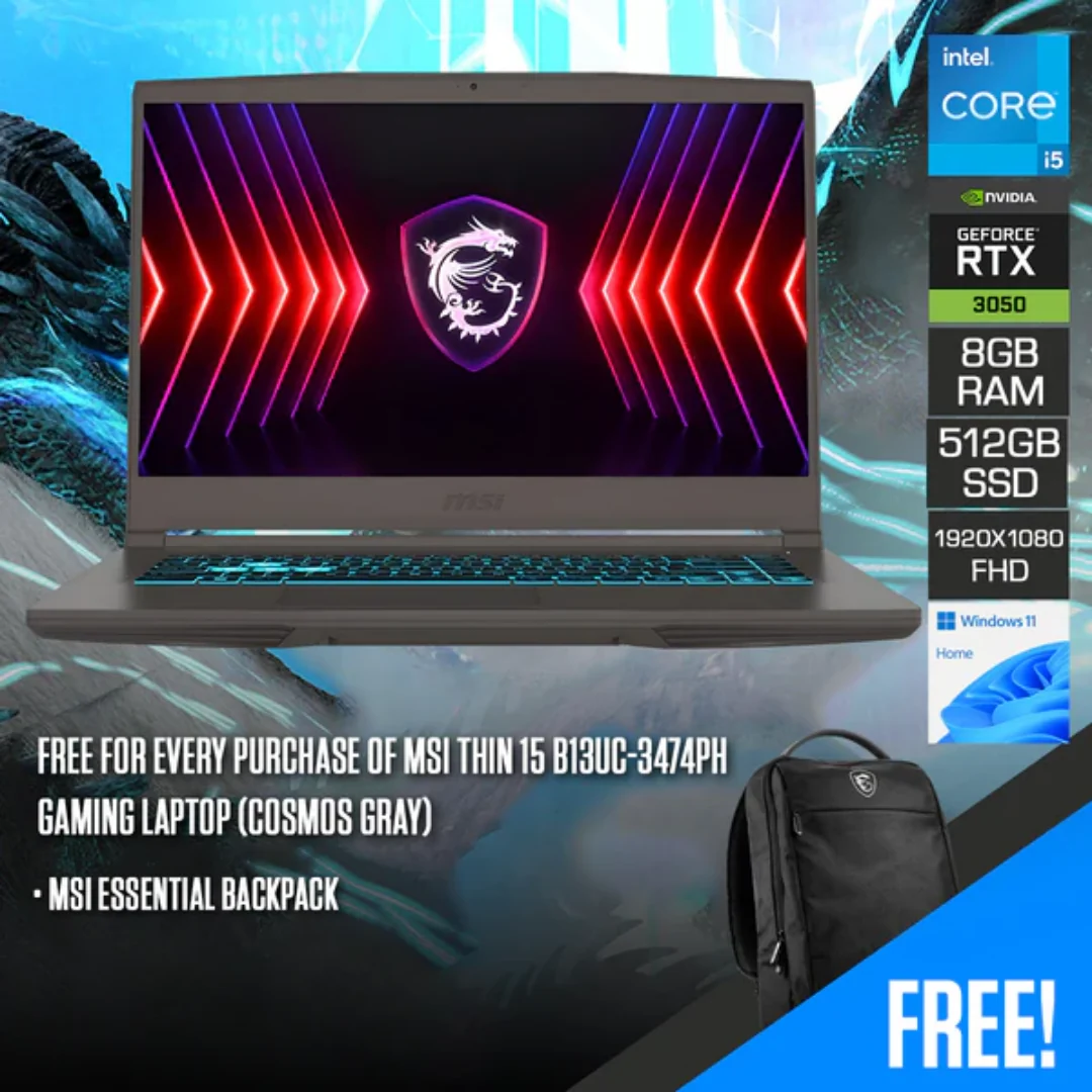 MSI Thin 15 B13UC-3474PH Gaming Laptop (Cosmos Gray) | 15.6" IPS 144Hz FHD 1920x1080 | i5-13420H | 8GB RAM | 512GB SSD | RTX 3050 | Windows 11 Home | MSI Backpack - Image 4
