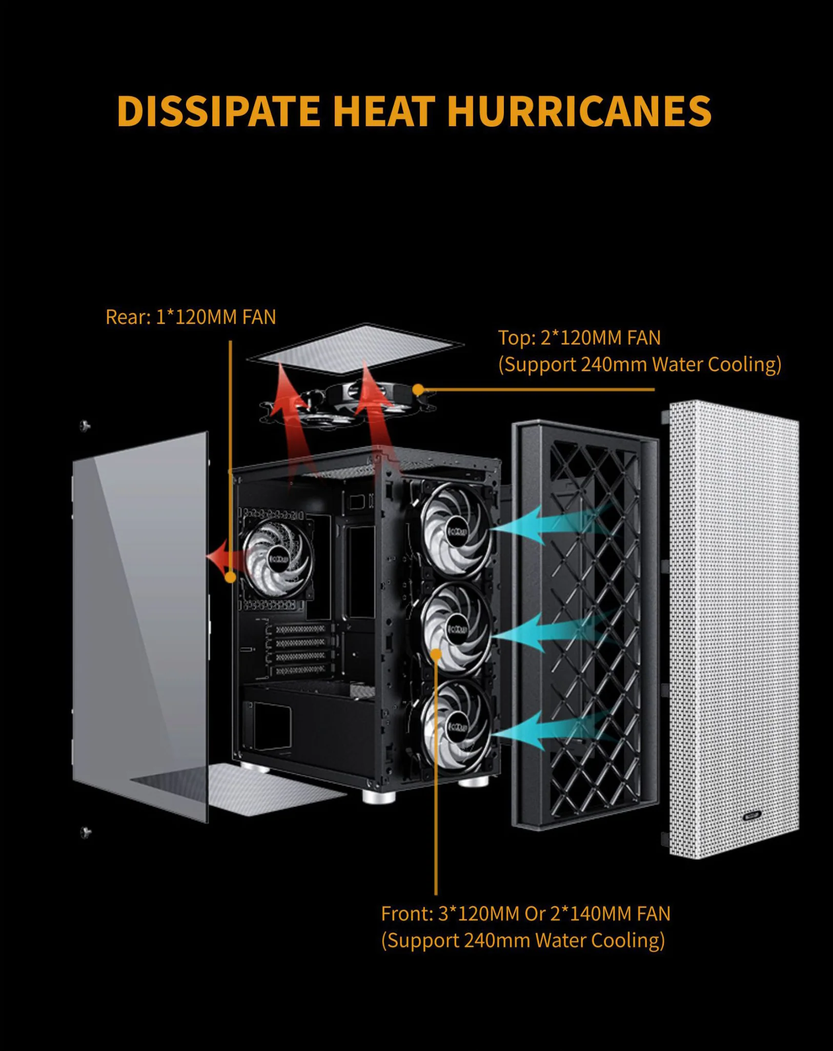 PCcooler GAME 6 Black mATX TG MESH Mid Tower Case (with 4*120mm FX-120 3 DYNAMIC COLOR 120mm Fan) - Image 9