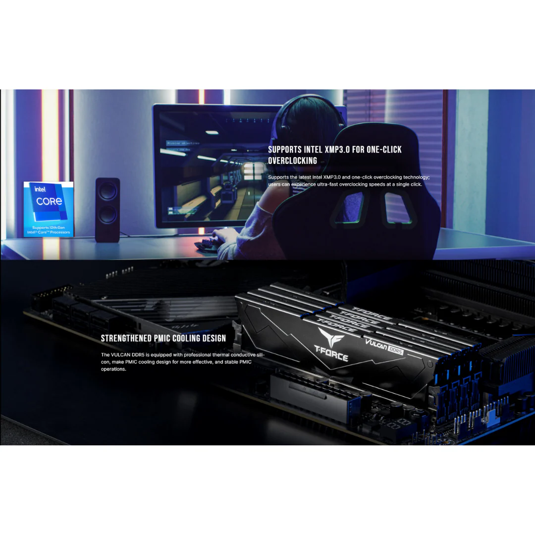 T-Force Vulcan 16GB 2x8G Black DDR5 5200MT/s Desktop Memory FLBD516G5200HC40CDC01 - Image 4