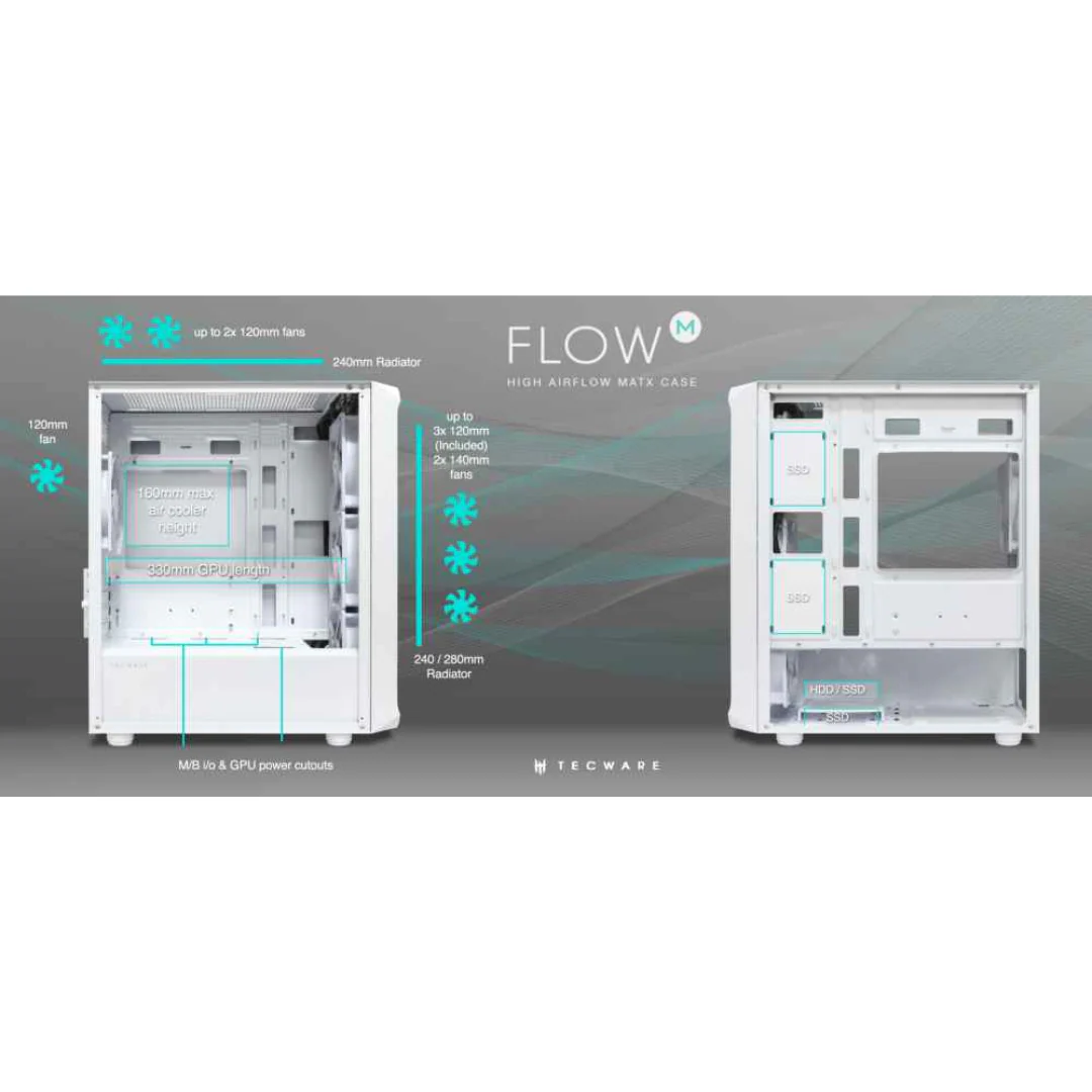 Tecware Flow M TG mATX Case (with 4X120mm Fan) Black | White - Image 3