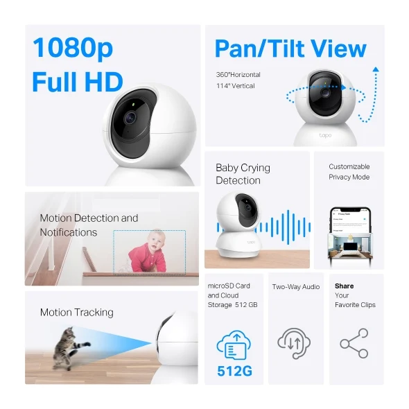 TP-Link Tapo C200C 1080p Indoor 360 Degrees Pan and Tilt Wireless WiFi IP Security CCTV Sale Hidden Camera Connect to Cellphone Two Way Audio with Mic and Speaker - Image 3