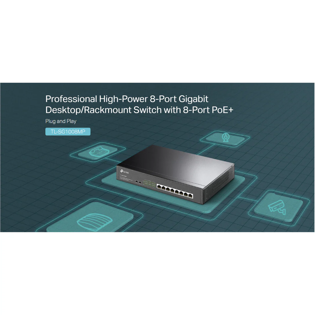 TPLink TL-SG1008MP Plug and Play 10/100/1000Mbps 8-Port Gigabit Desktop/Rackmount Switch with 8-Port PoE+ | IEEE 802.3af/at | Innovative energy-efficient technology | Supports PoE+ standard - Image 4