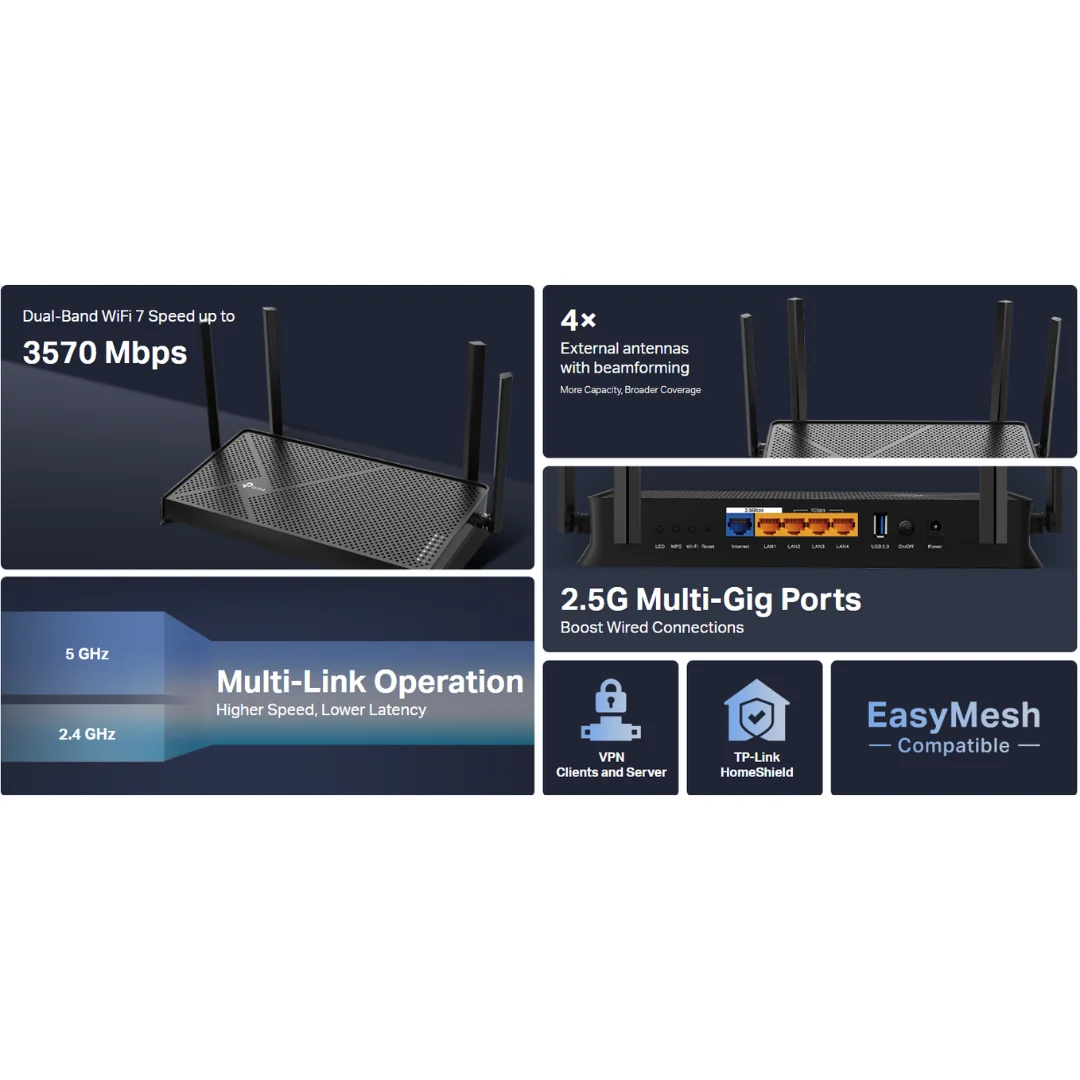 TPLink Archer BE230 BE3600 3.6 Gbps Dual-Band WiFi 7 EasyMesh-Compatible Router | WiFi Router | Modem | WiFi 7 | EasyMesh - Image 4