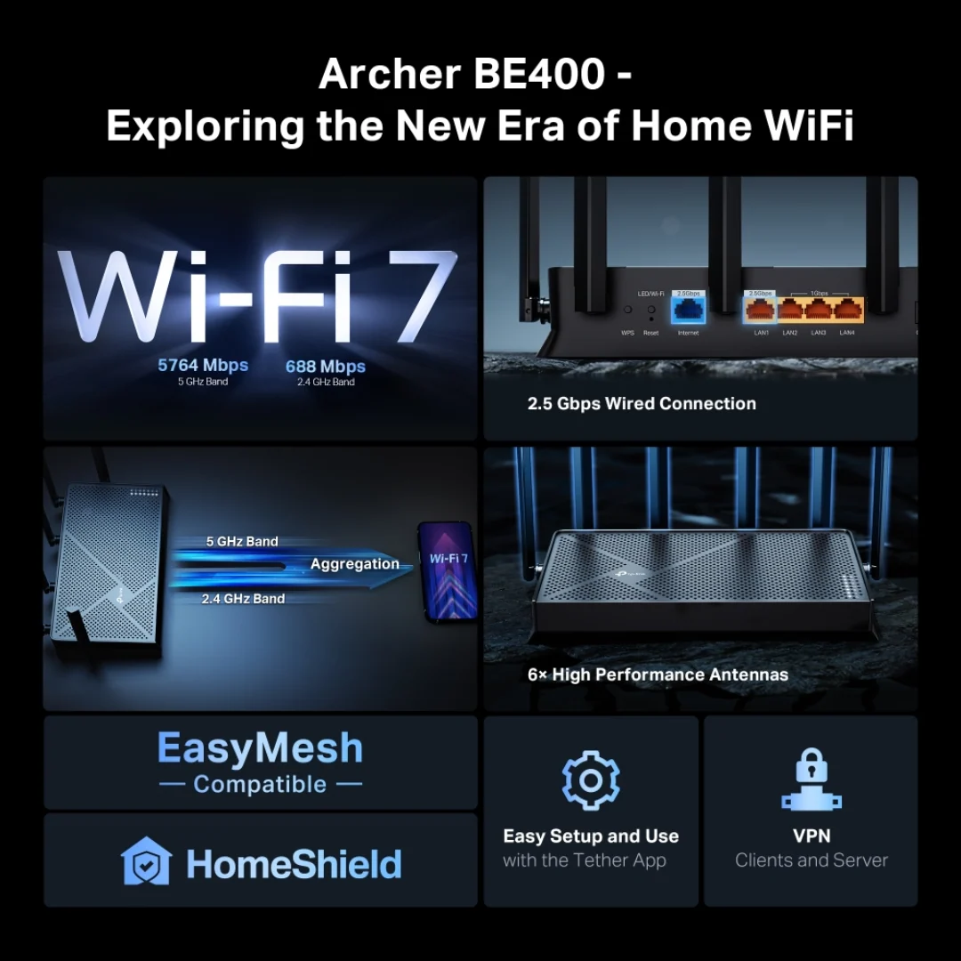 TPLink Archer BE400 BE6500 Dual-Band Wi-Fi 7 Router - Image 4