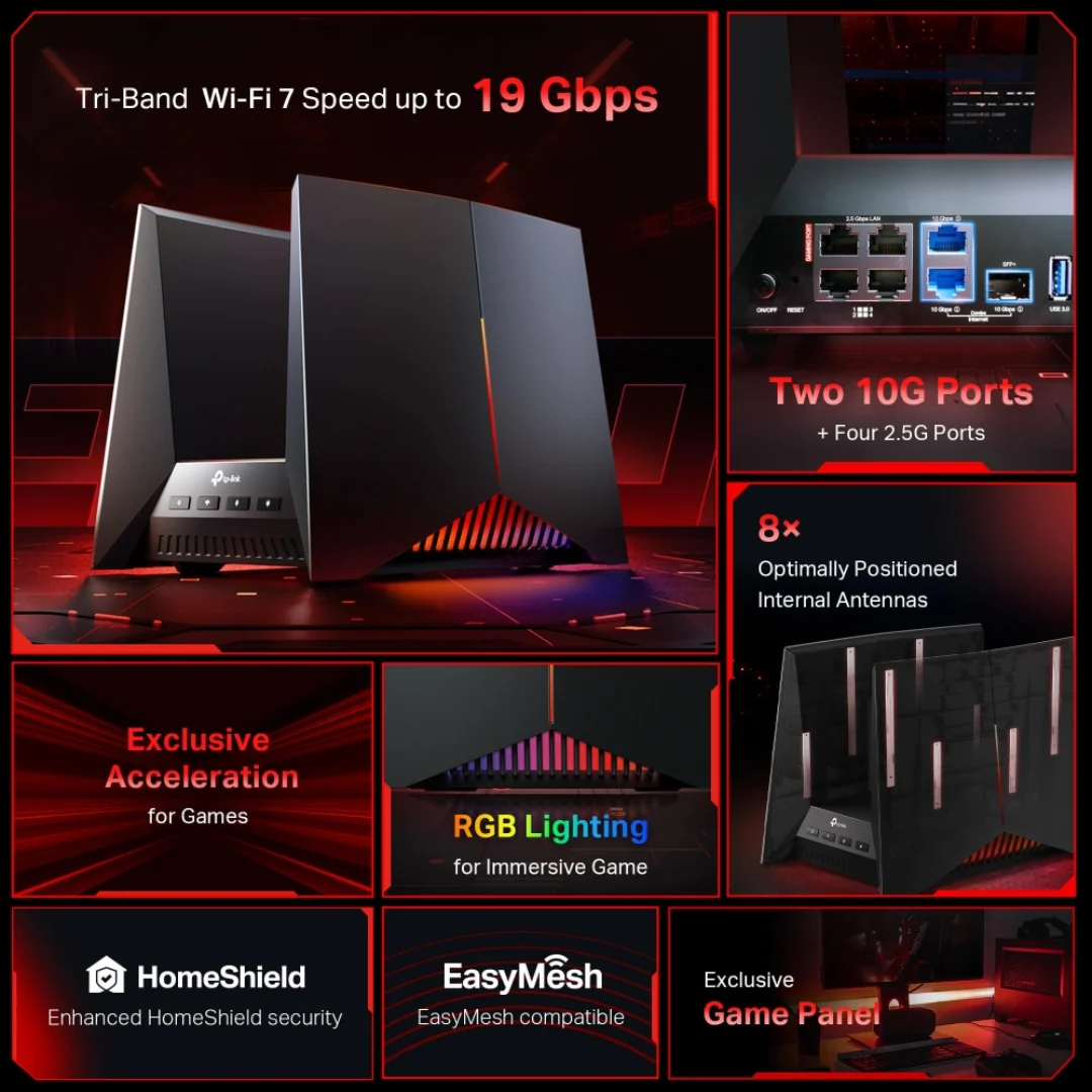 TPLink Archer GE800 BE19000 Tri-Band Wi-Fi 7 Gaming Router - Image 4