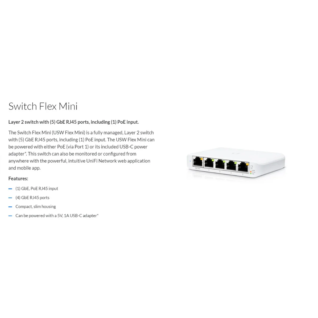 Ubiquiti USW-Flex-Mini USW Flex Mini Compact 5-Port Gigabit Switch can be powered with PoE or a 5V USB-C adapter - Image 4