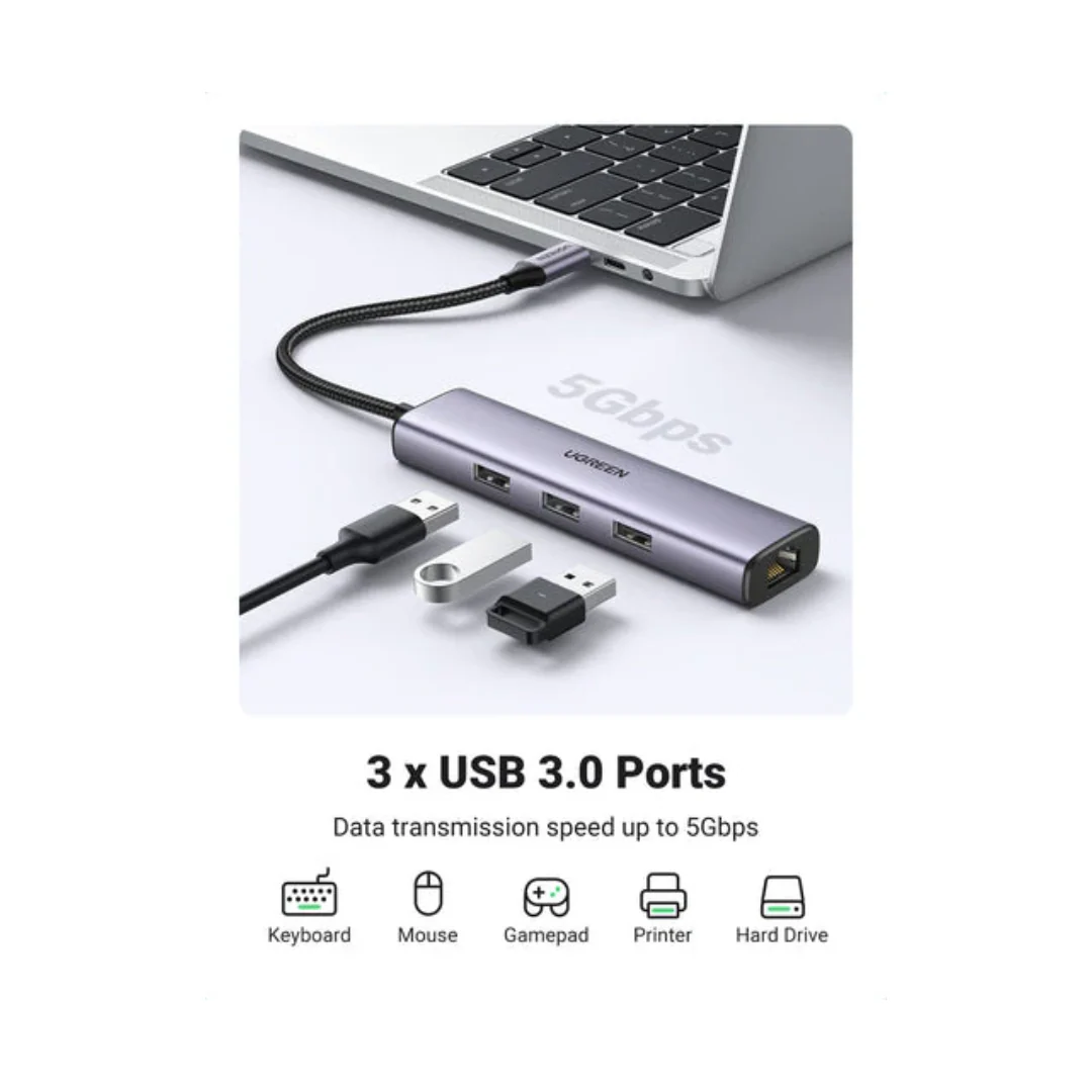 UGREEN USB-C TO 3Port USB3.0 Hub w/ Ethernet CM475/60600 - Image 2