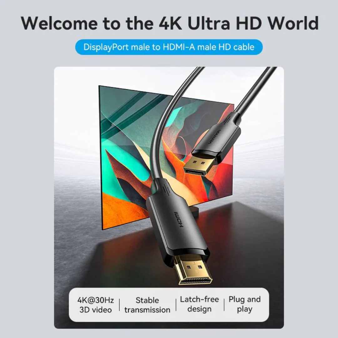Vention DP Male/HDMI Male 4K 1.8mts DP to HDMI Cable HFOBAC - Image 2