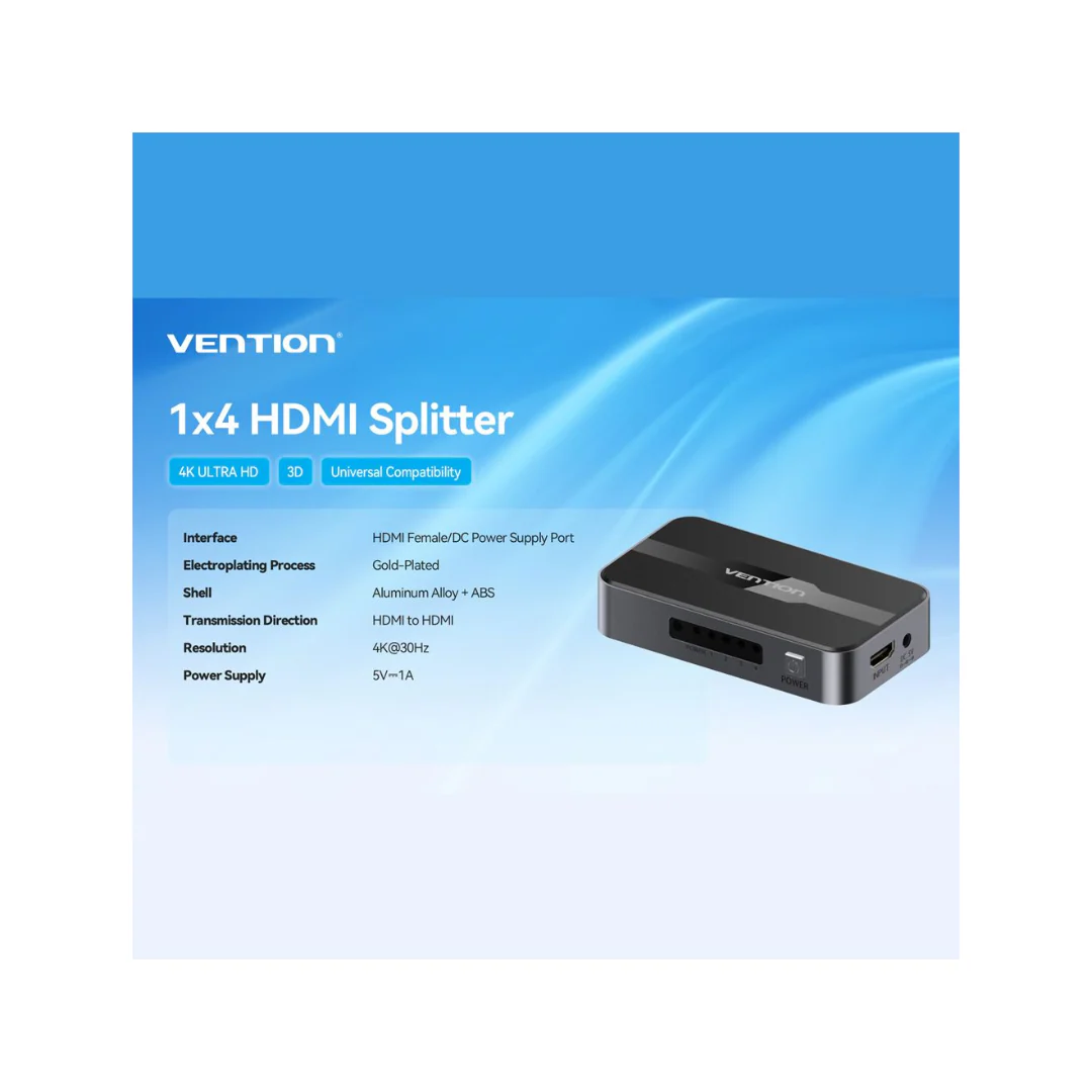 Vention HDMI 1x4 Splitter 1 In 4 Out HDMI Spliter 4K HD 3D Vision Audiovisual Sync HDMI Port Hub With Power Supply For Computer TVbox PS3 4 Laptop Projector Monitor HDMI Switch Adapter HDMI Switcher A12B0-US - Image 2