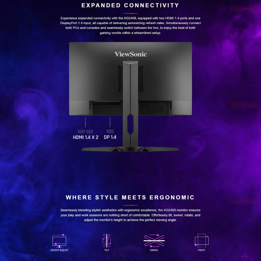 Viewsonic XG2409 24" IPS 180Hz FHD 1ms HDR10, 2HDMI DP, pivot adj ergo stand - Image 4